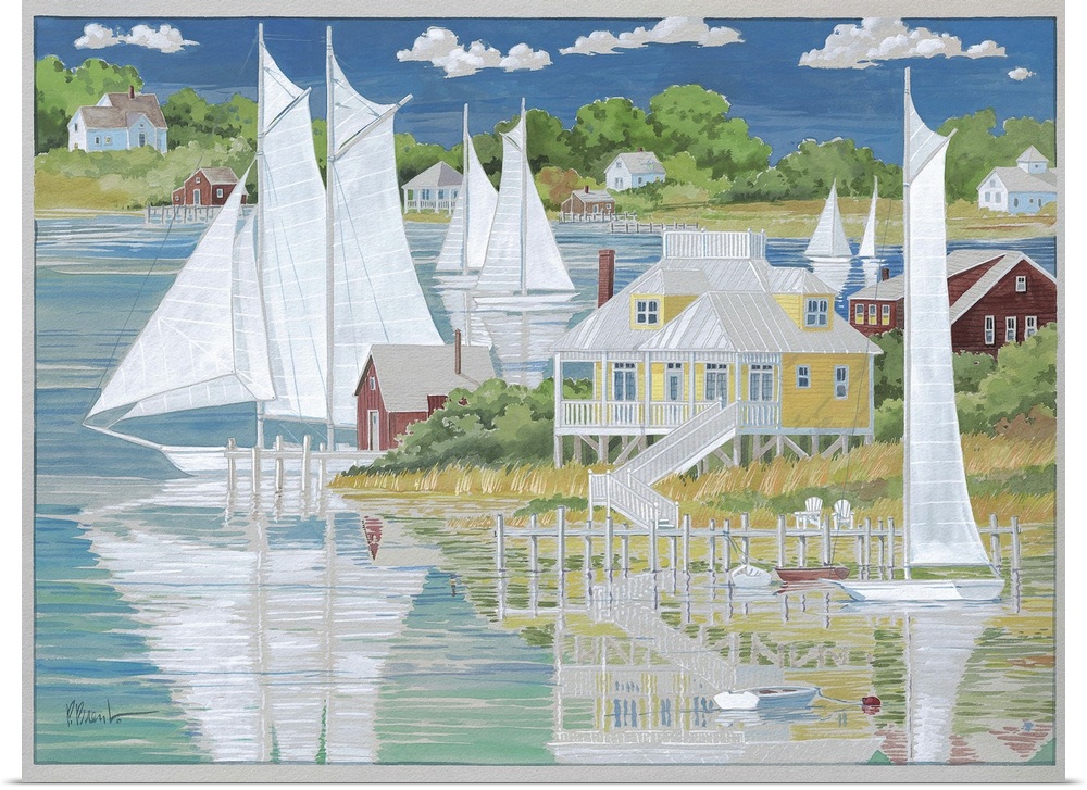 Contemporary painting of several sailboats reflected on the water by coastal houses.