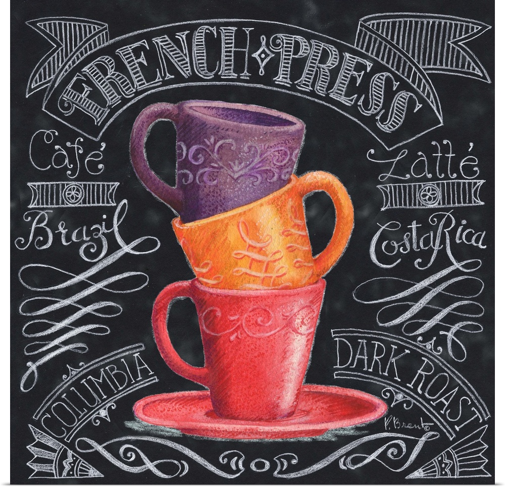 Three coffee cups in a stack on a chalkboard style panel decorated with handwritten coffee-themed words.