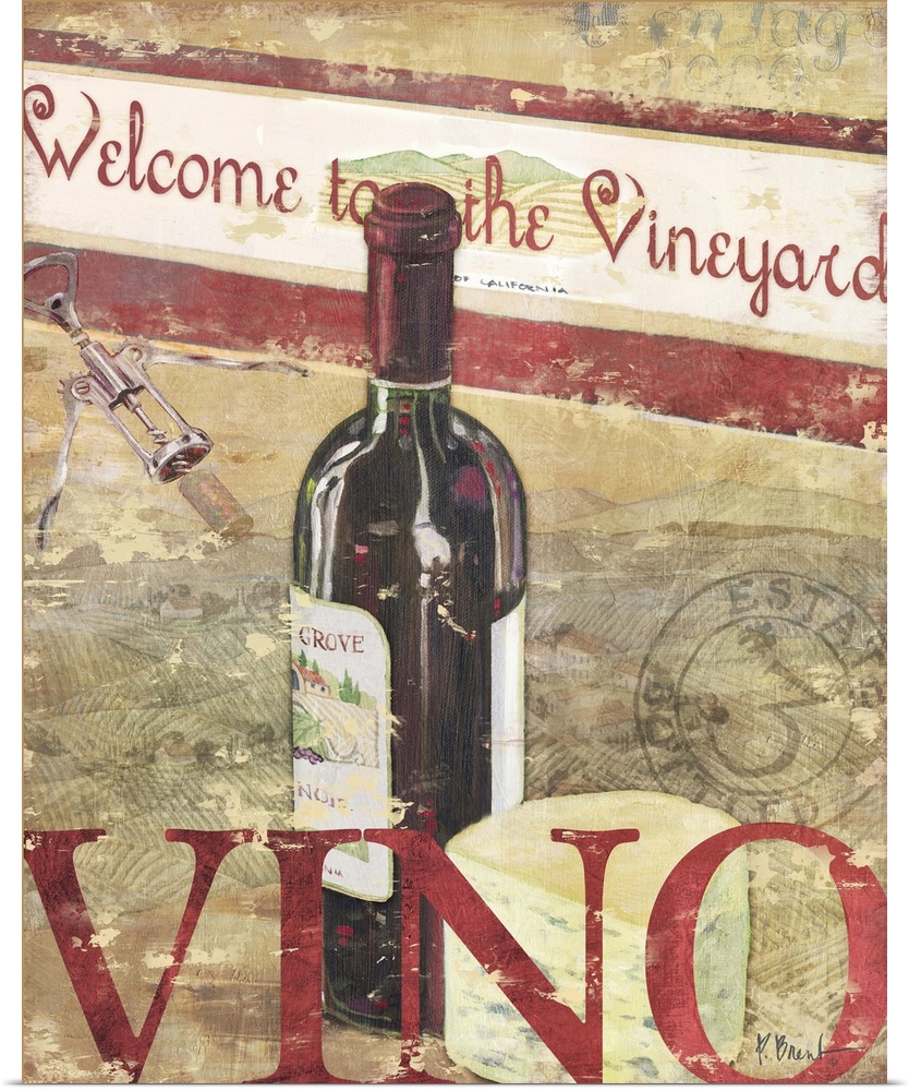 Welcome sign featuring a bottle of red wine and cheese, with the word Vino.