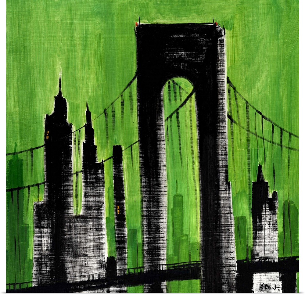Semi-abstract painting of silhouetted skyscrapers and bridge against a brightly colored sky.