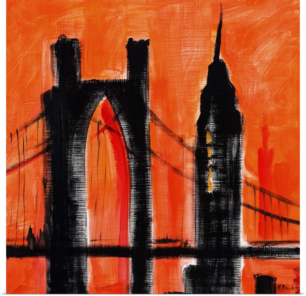 Semi-abstract painting of silhouetted skyscrapers and bridge  against a brightly colored sky.