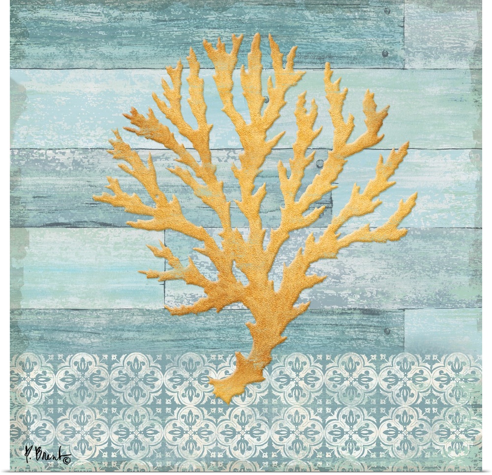 Light blue, white, and metallic gold beach decor with coral.
