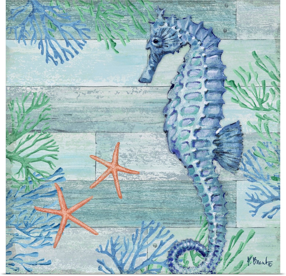 Square beach decor with a seahorse, starfish, and seaweed in blue and green tones on a faux wood background.