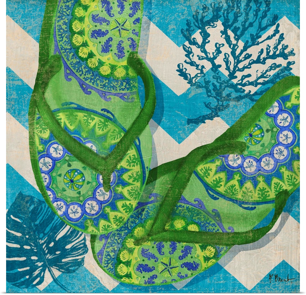 A pair of patterned flip-flops on a tropical chevron background.