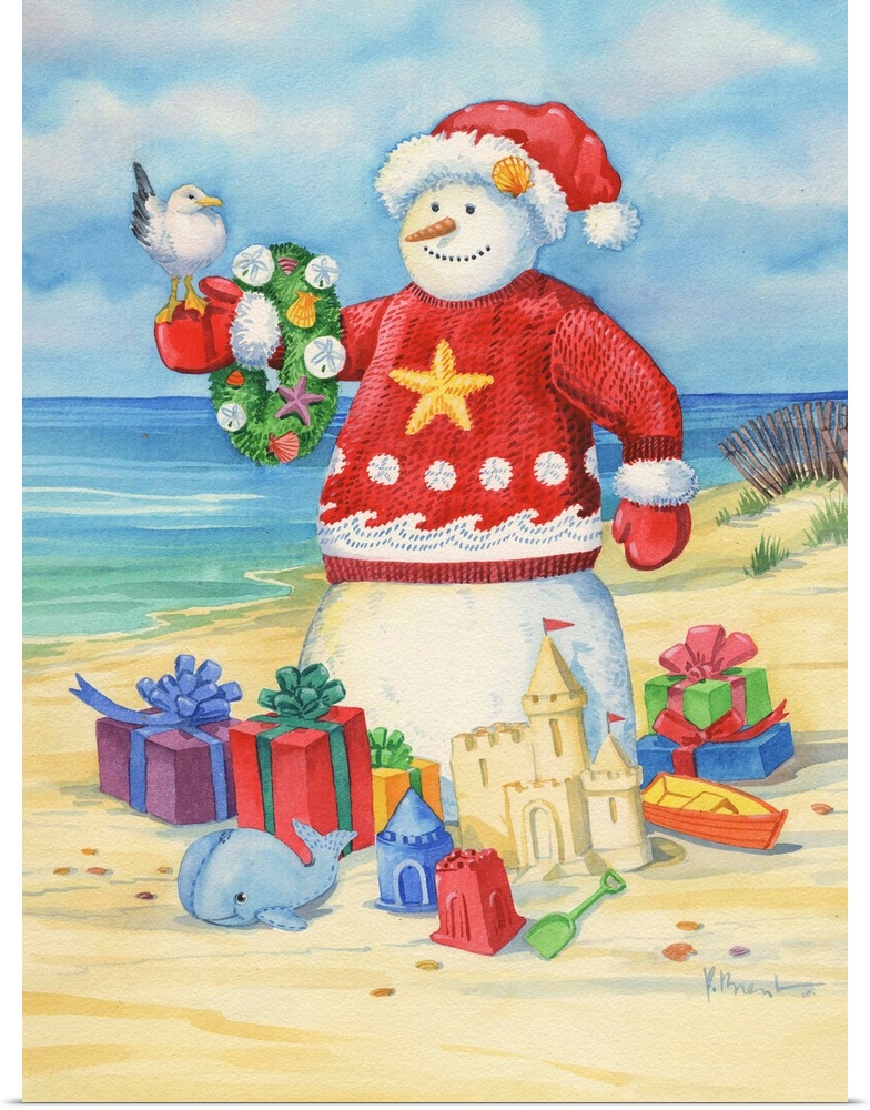 A "snow" man on the beach surrounded by presents and wearing a festive sweater.