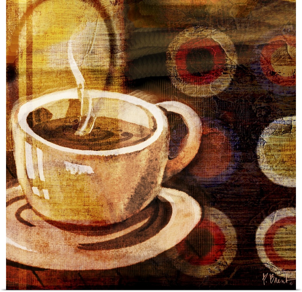 Decorative panel with a cup of coffee on a saucer over a geometric abstract background.