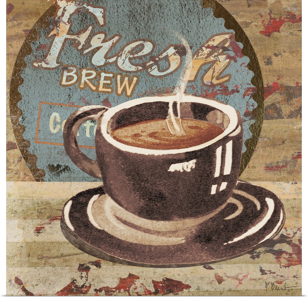 Rustic sign for a cafe with a steaming cup of coffee and the words Fresh Brew.