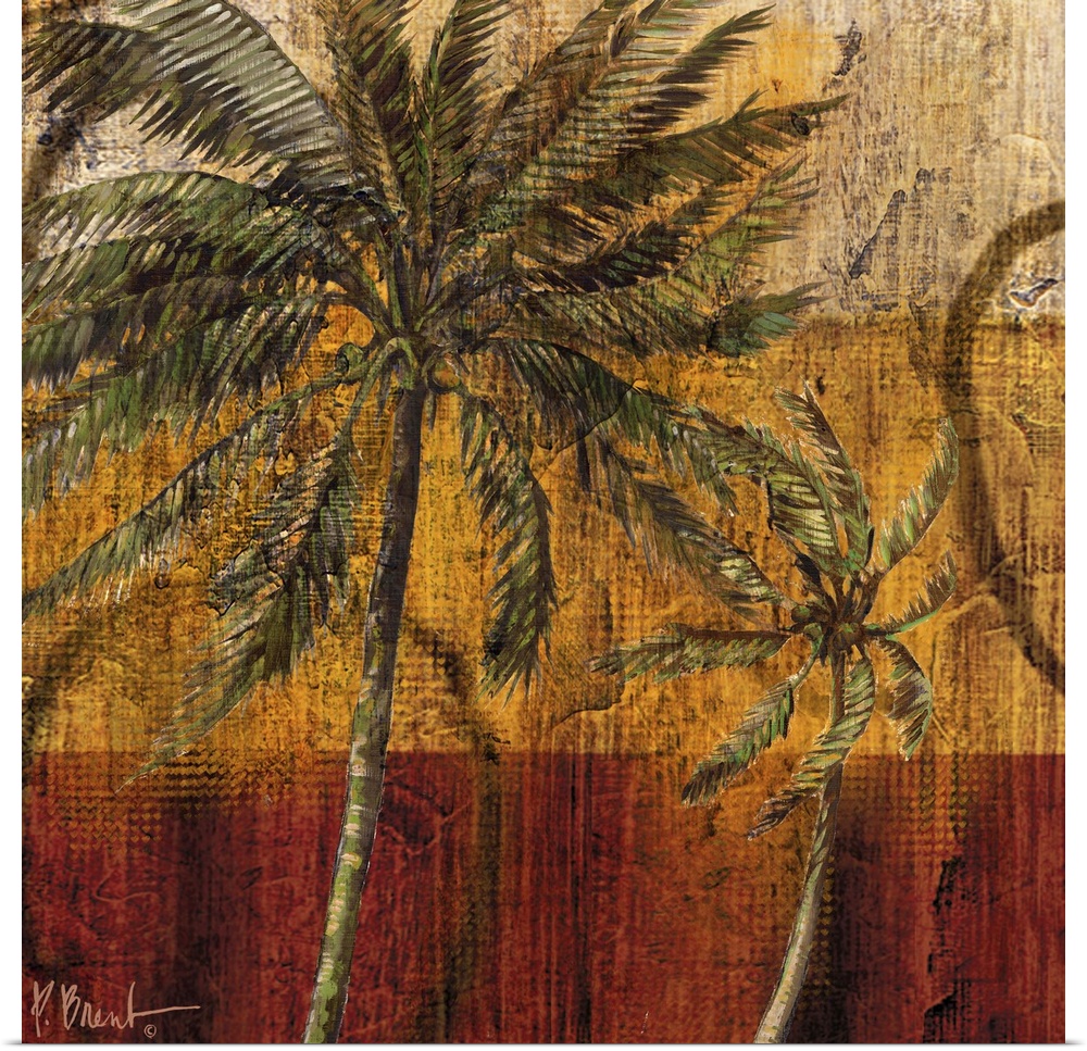 Decorative panel of a palm tree with leafy fronds against an abstract background.