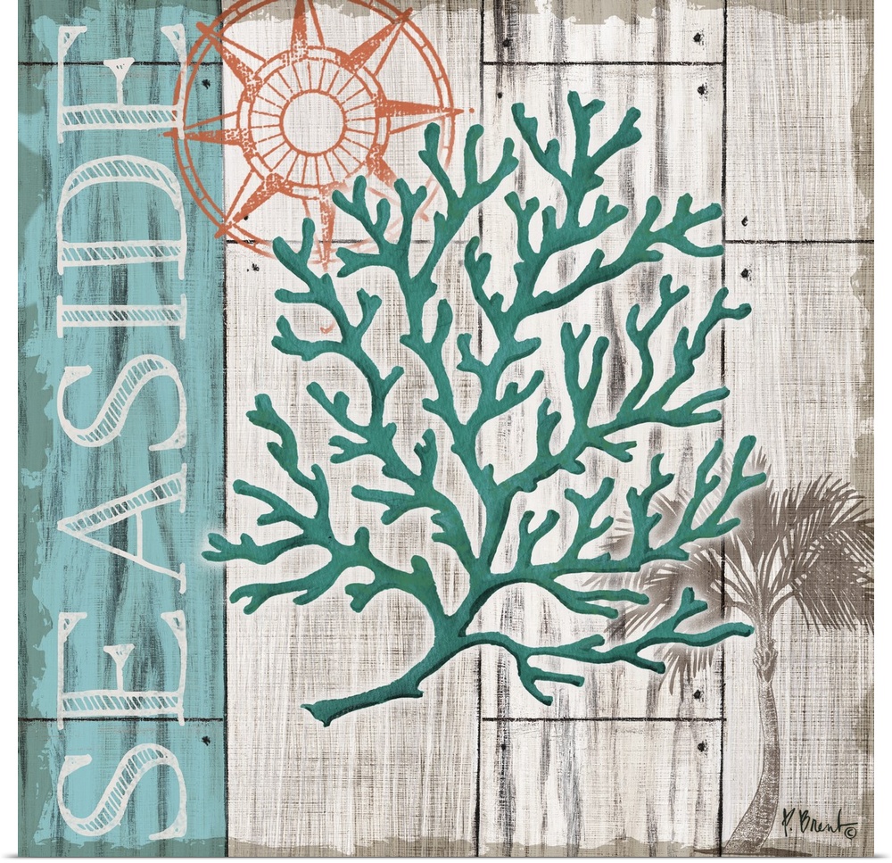 Contemporary decorative artwork of a coral element and a compass rose on a textured wooden background.