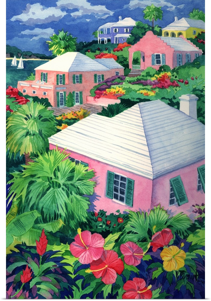 Contemporary painting of several pink cottages with palm trees and hibiscus flowers.