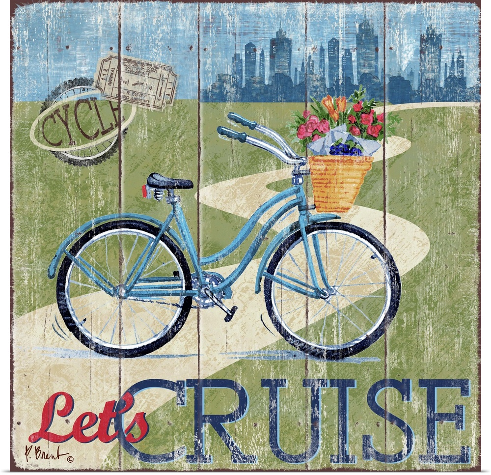 Decorative art of a bicycle near a road with a city skyline in the distance on a textured panel background.