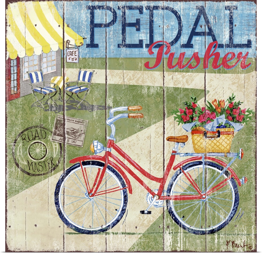 Decorative art of a bicycle on the street near a small cafe on a textured panel background.