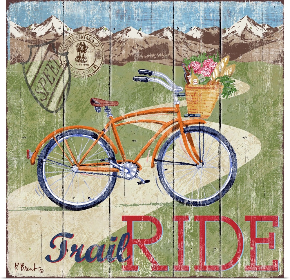 Decorative art of a bicycle on a road that leads to the mountains on a textured panel background.