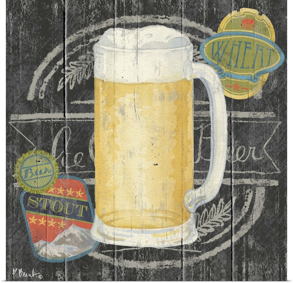 Contemporary decorative artwork of a craft beer in a mug on a textured panel background.