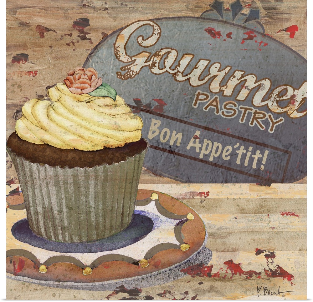 Rustic sign for a bakery featuring a cupcake and the text Gourmet Pastry.