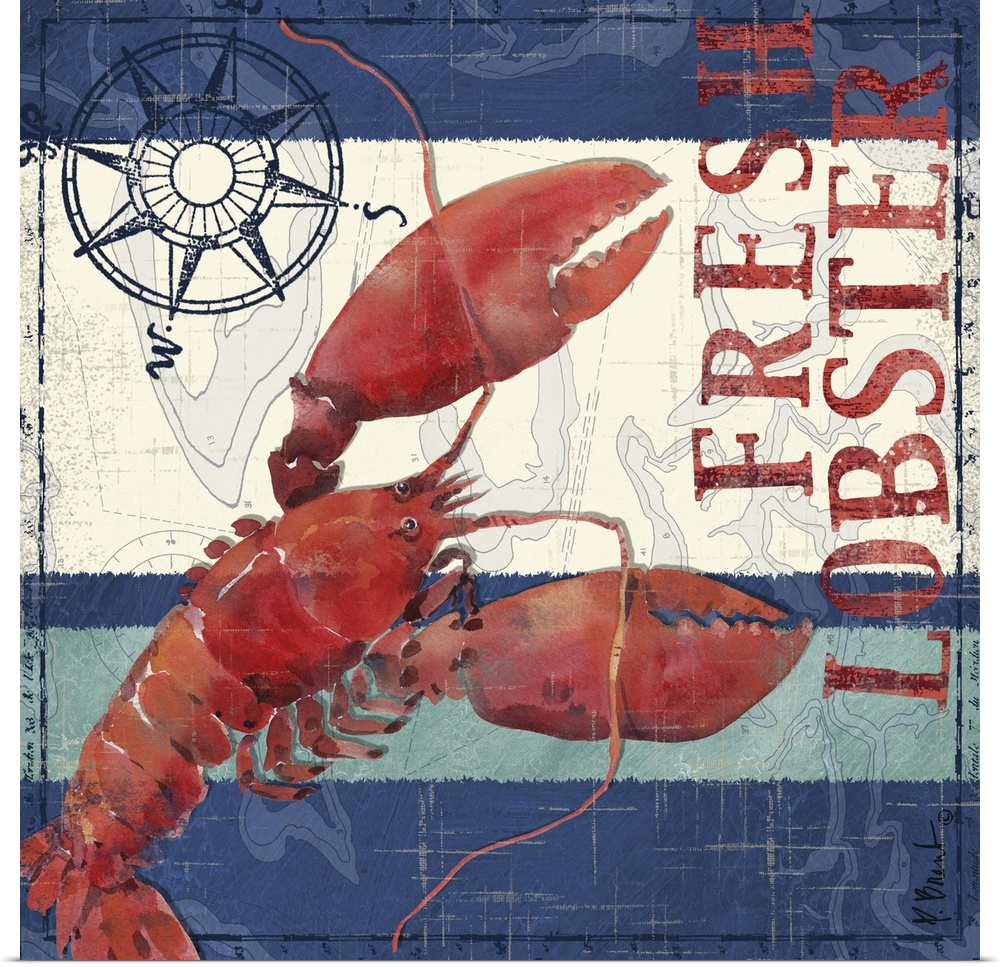 Nautical panel featuring a painting of a lobster with a compass rose graphic element, and the text Fresh Lobster.