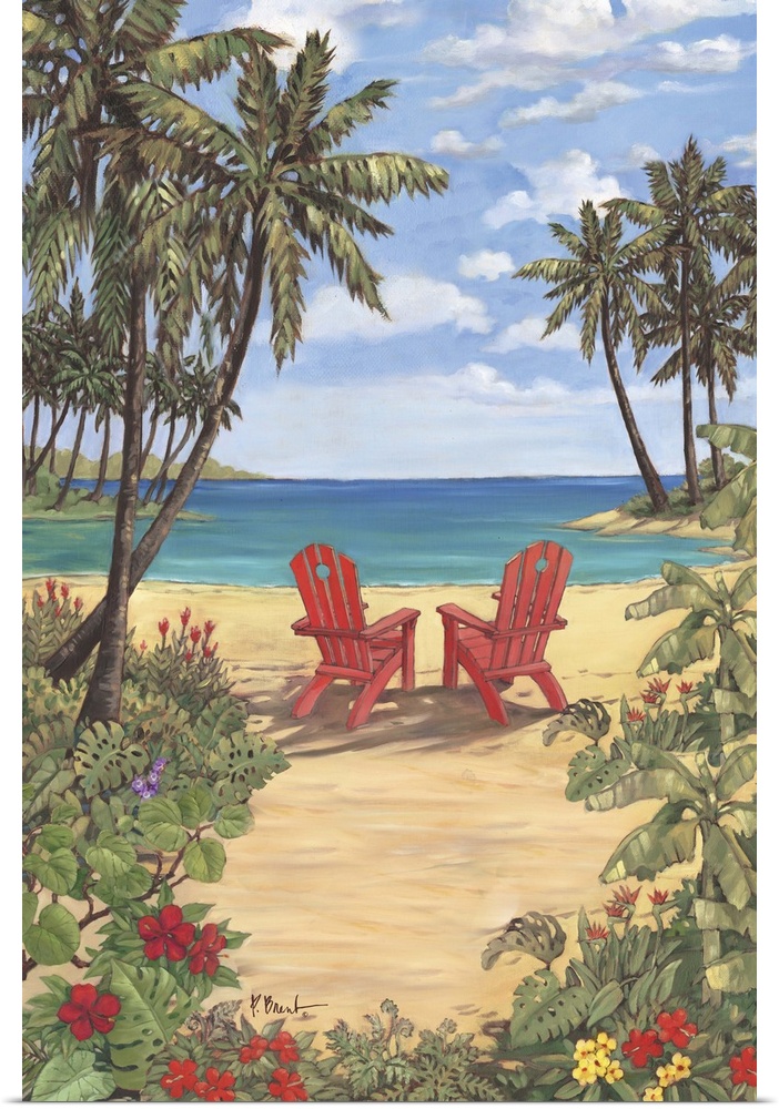 Contemporary painting of two adirondack chairs on the beach, surrounded by palm trees.