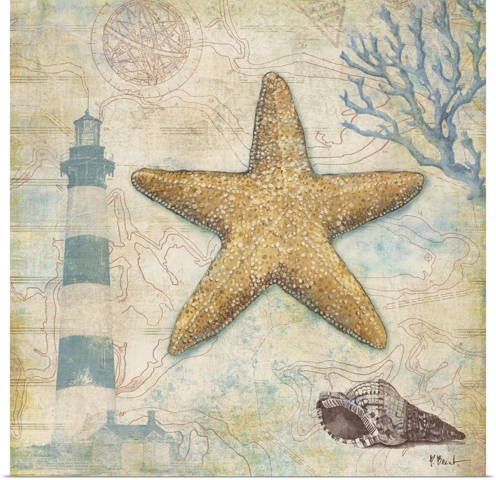 Decorative panel made of different nautical elements including a starfish, a lighthouse, and coral.