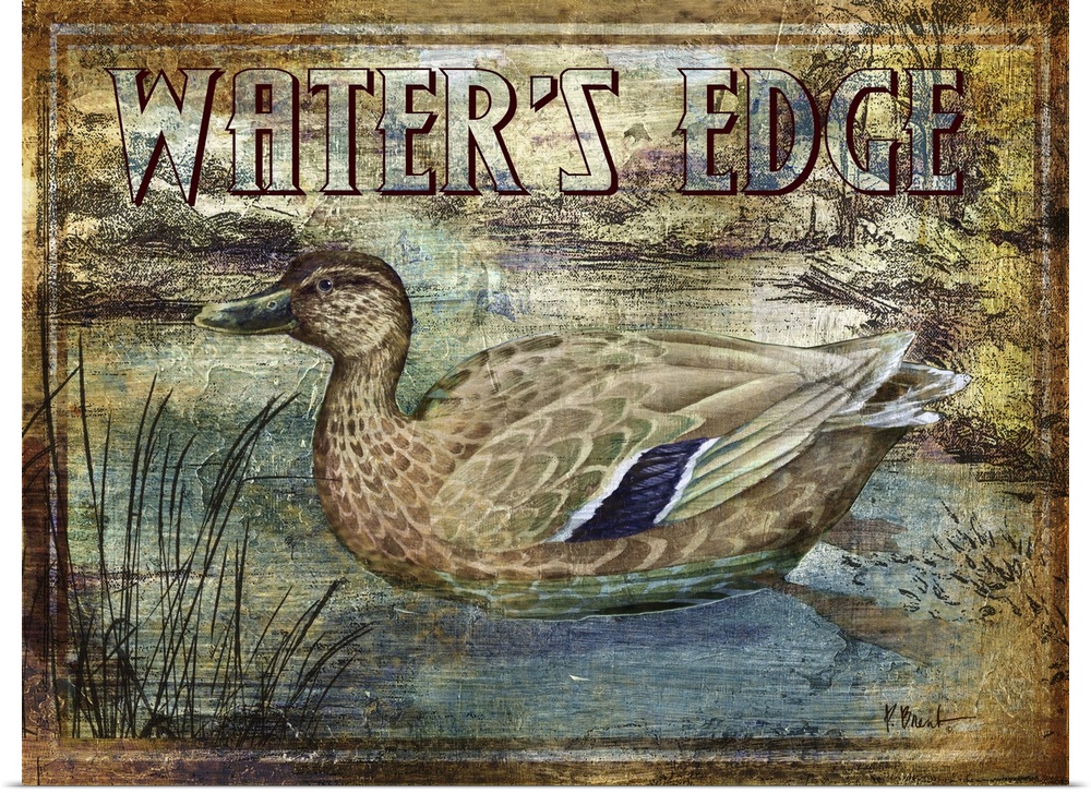 Textured sign with a mallard duck in a river with the text Water's Edge.