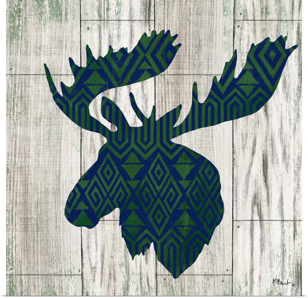 Square cabin decor with a blue and green patterned silhouette of a moose on a faux distressed wooden background.