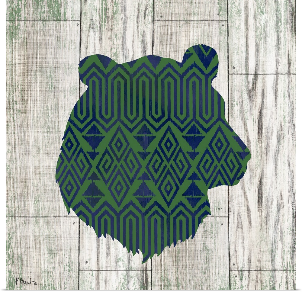 Square cabin decor with a blue and green patterned silhouette of a bear on a faux distressed wooden background.