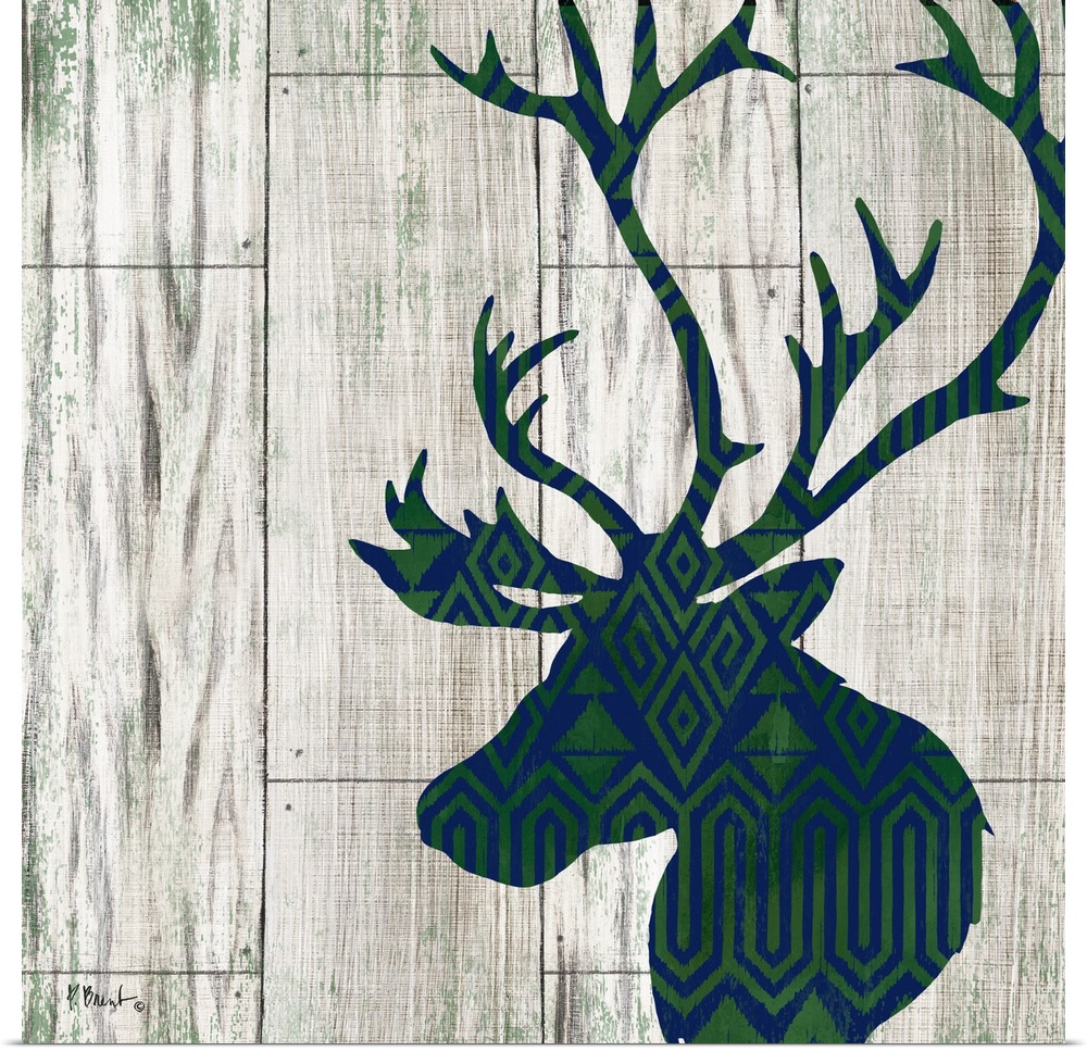 Square cabin decor with a blue and green patterned silhouette of a deer on a faux distressed wooden background.