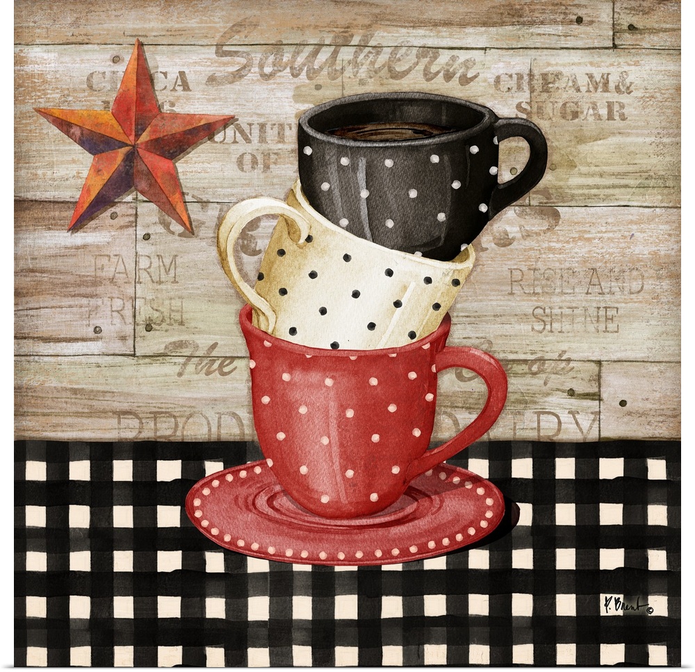 Square decor with red, white, and black stacked coffee cups with a farmhouse feel.