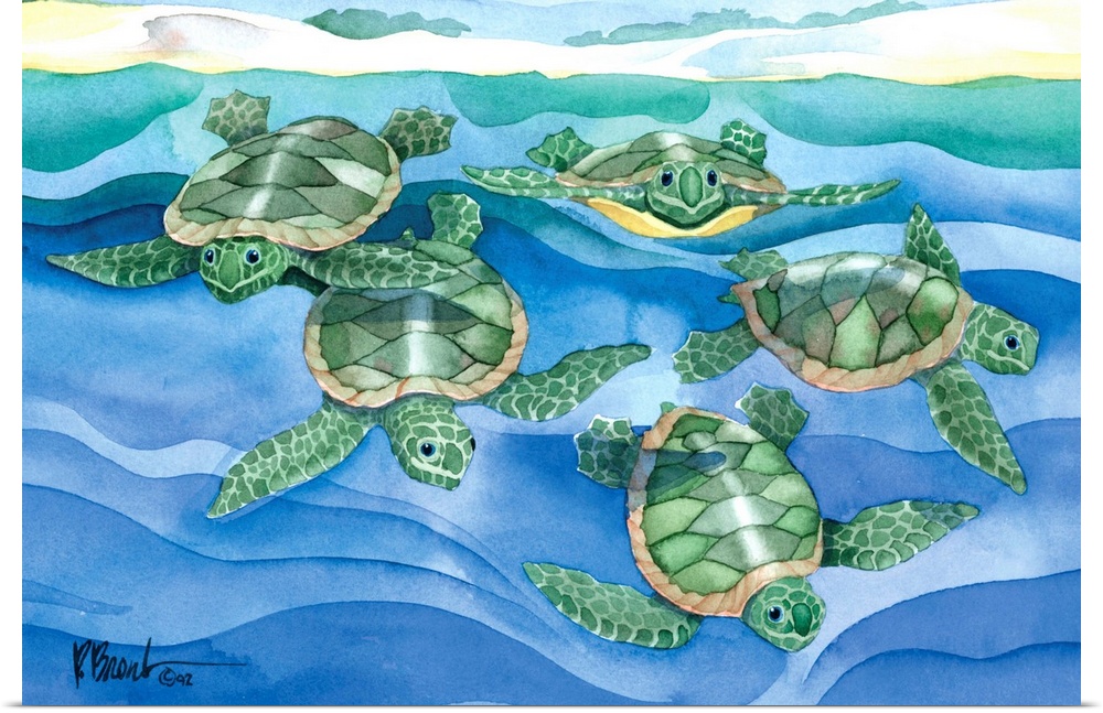 Watercolor painting of a group of sea turtle hatchlings swimming in the ocean.