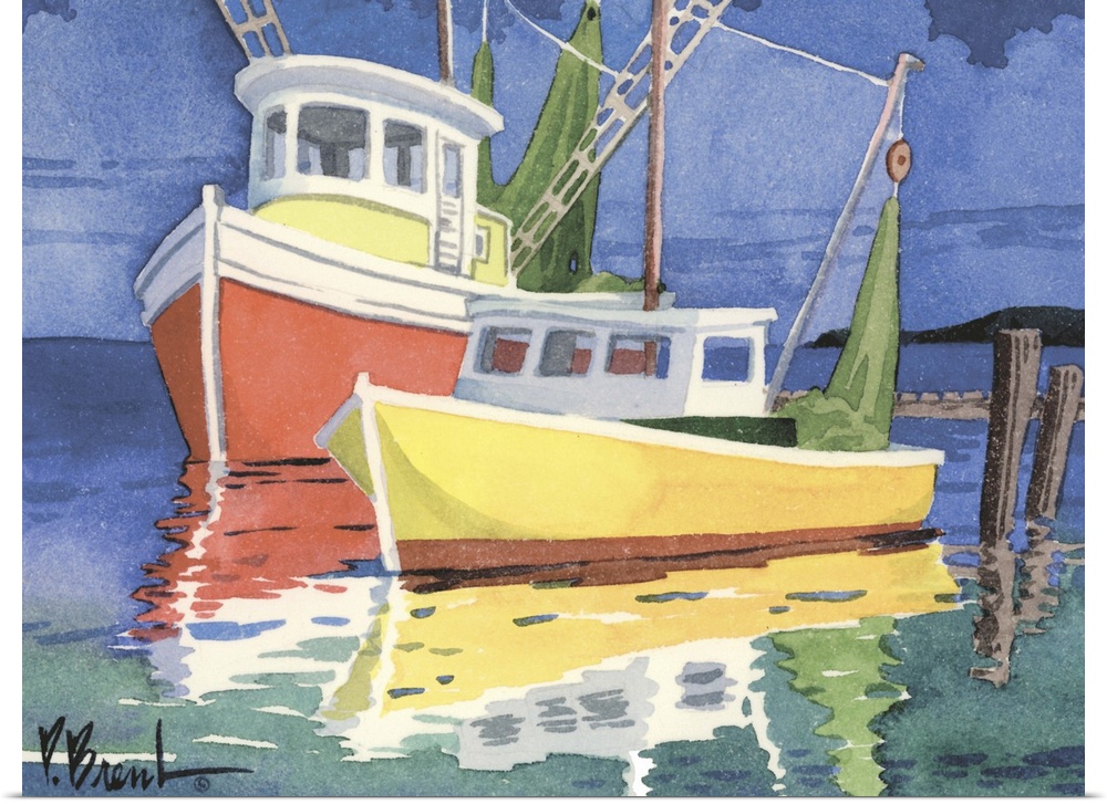 Contemporary painting of two colorful fishing boats at a dock.