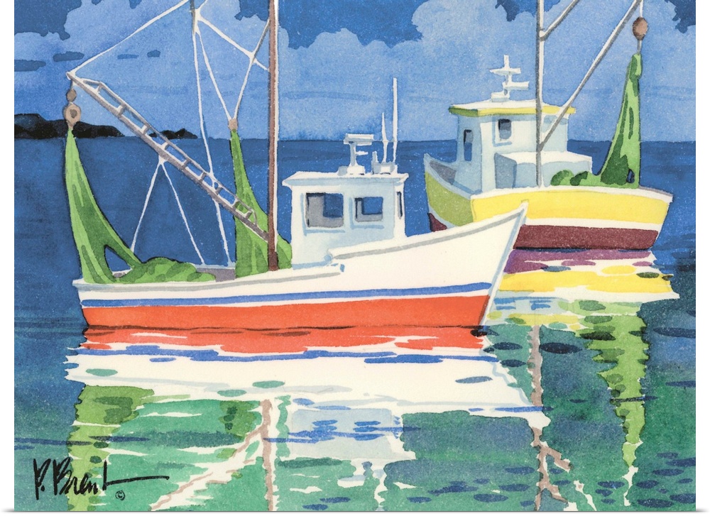 Contemporary painting of two colorful fishing boats in the sea.