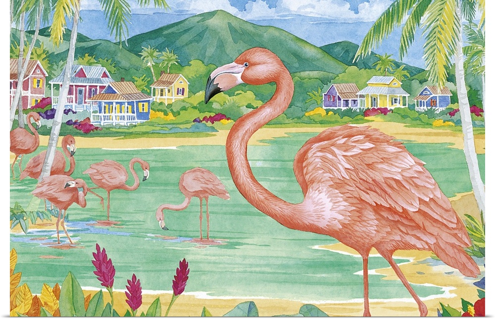 Watercolor painting of a pink flamingo on a tropical beach with palm trees and turquoise water.