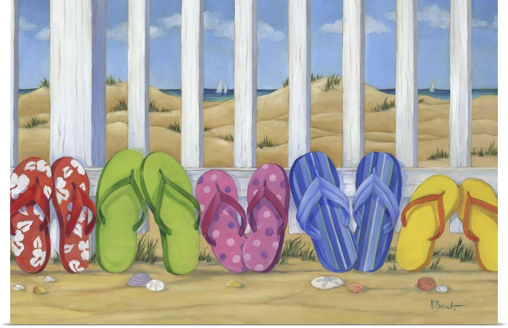 Colorful painting of five pairs of flip flop sandals lined up in the sand against a white fence.