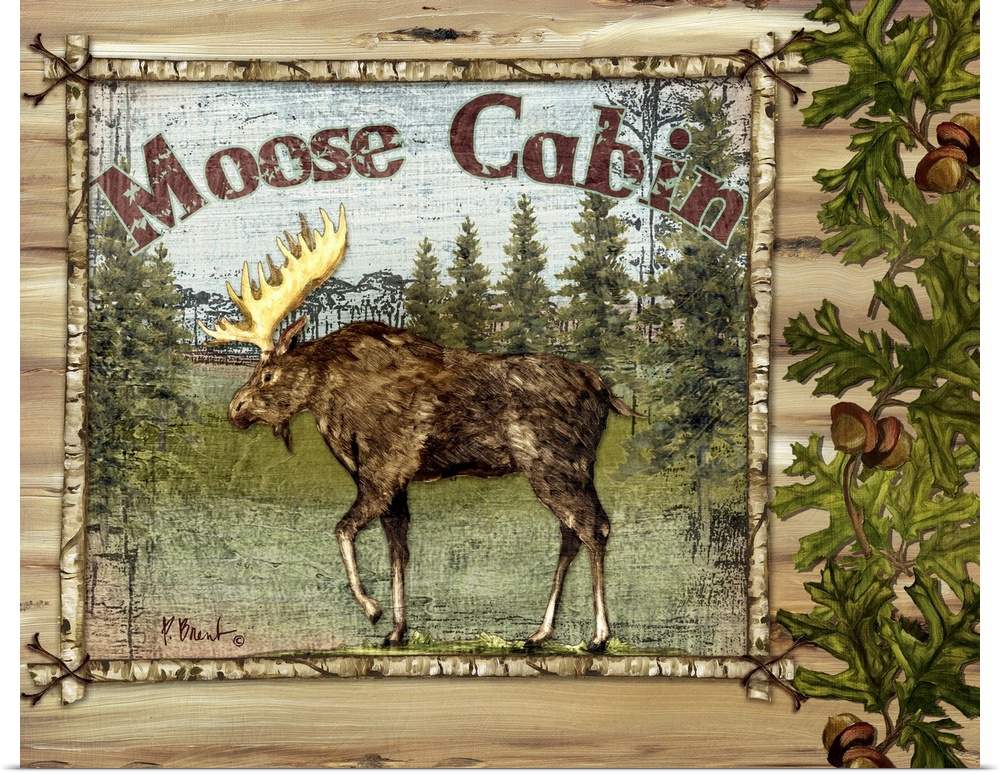 Decorative artwork of a moose in a frame, with oak leaves, acorns, and the words Moose Cabin.