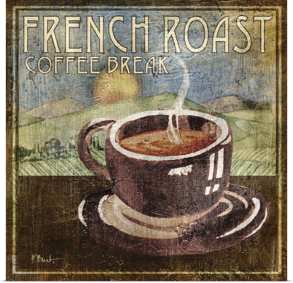 Vintage-style sign for coffee with a mug of steaming hot coffee and rolling farm hills in the background.