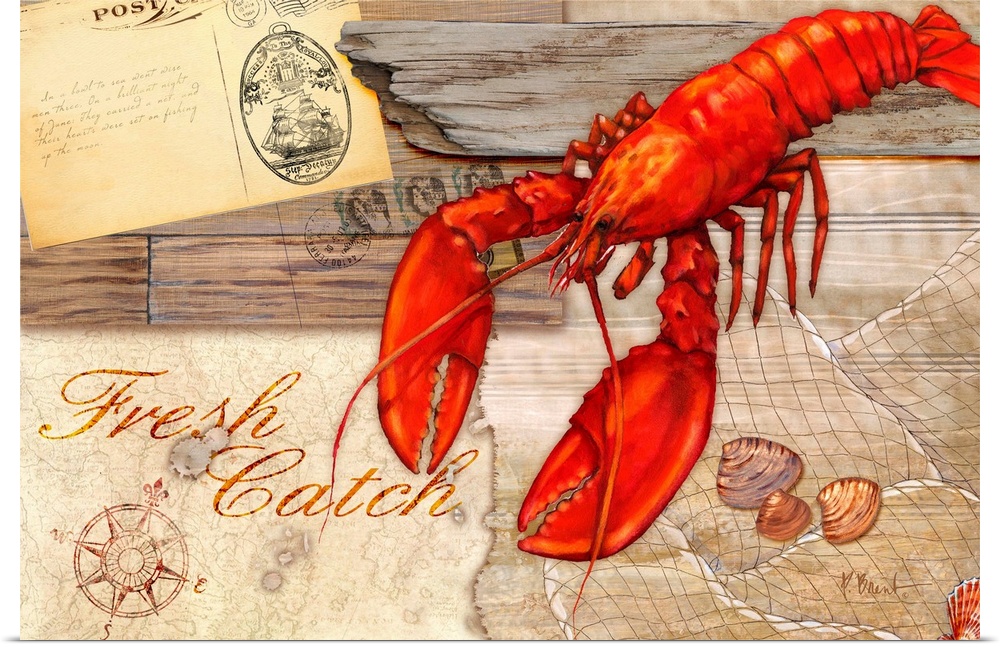 A collection of marine elements on a faux driftwood background, including a lobster, pebbles, and the words "Fresh Catch."