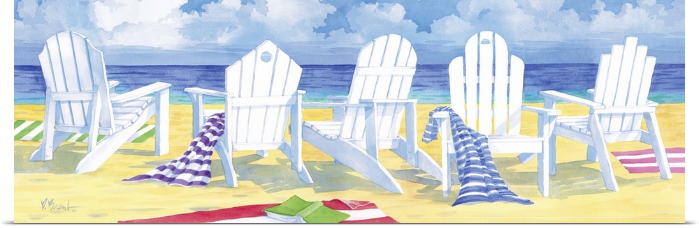 Five adirondack chairs on the beach with towels.