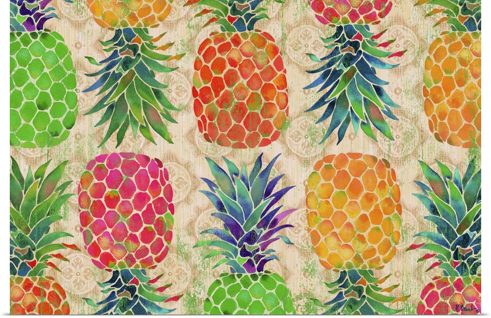 Funky pattern of rainbow colored pineapples.