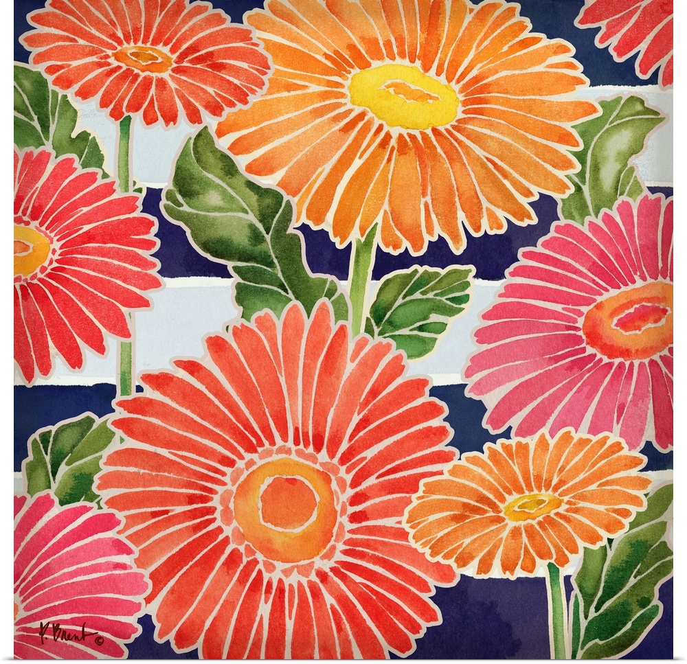 Painting of pink and orange daisies with white outlines.