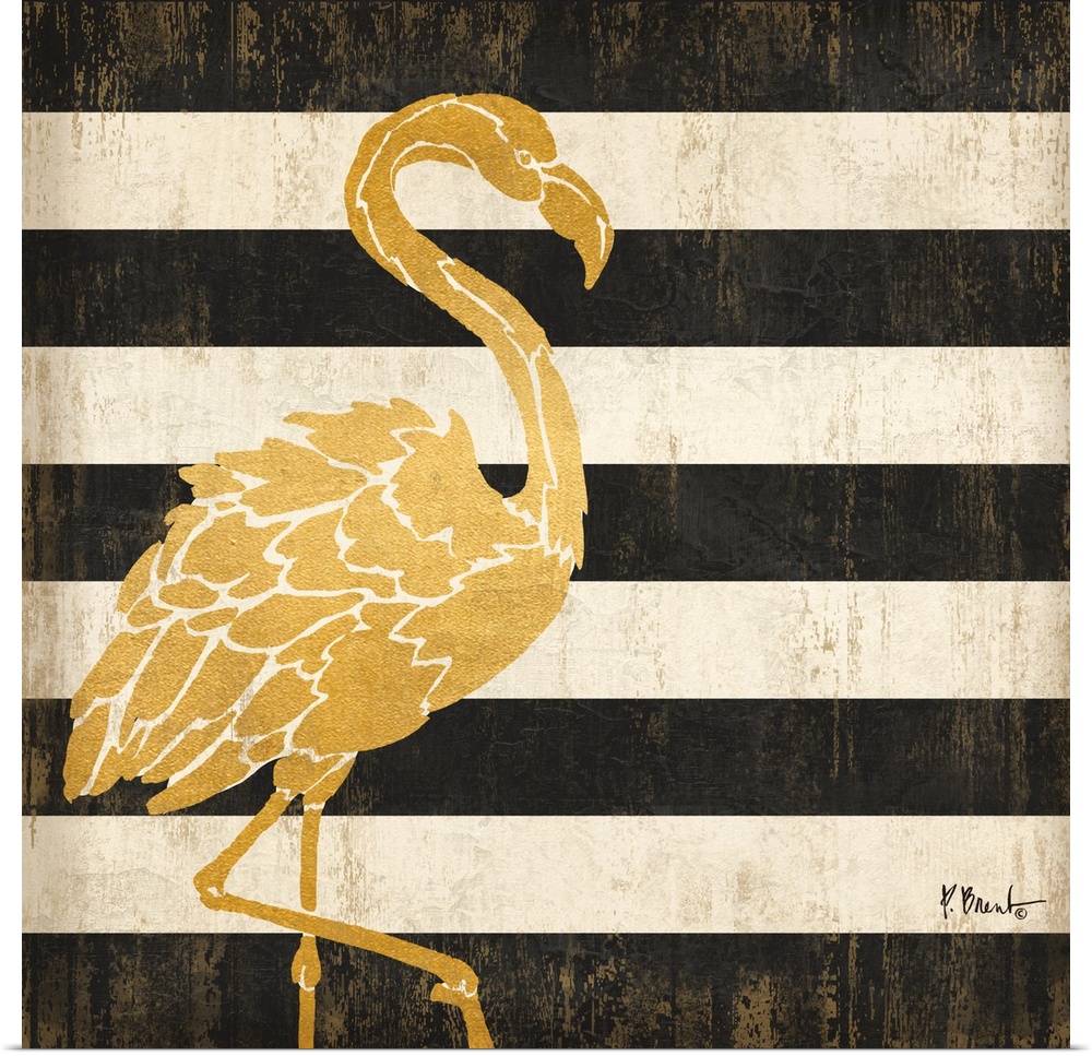 Square decor with a metallic gold flamingo on a black and white striped background.