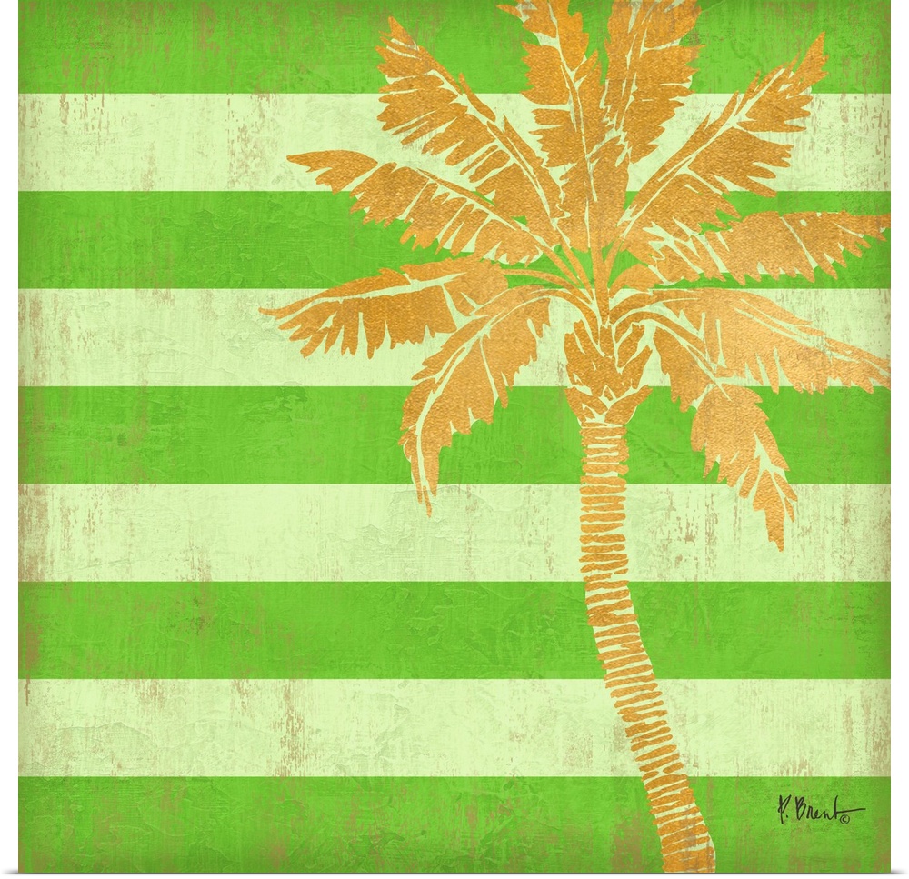 Square decor with a metallic gold palm tree on a bright green striped background.