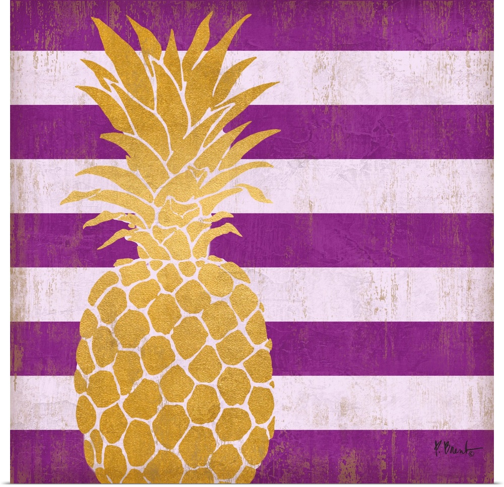 Square decor with a metallic gold pineapple on a purple striped background.