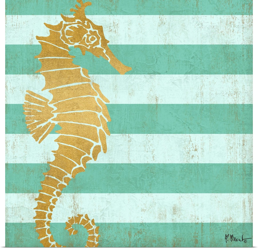 Square decor with a metallic gold seahorse on a blue striped background.