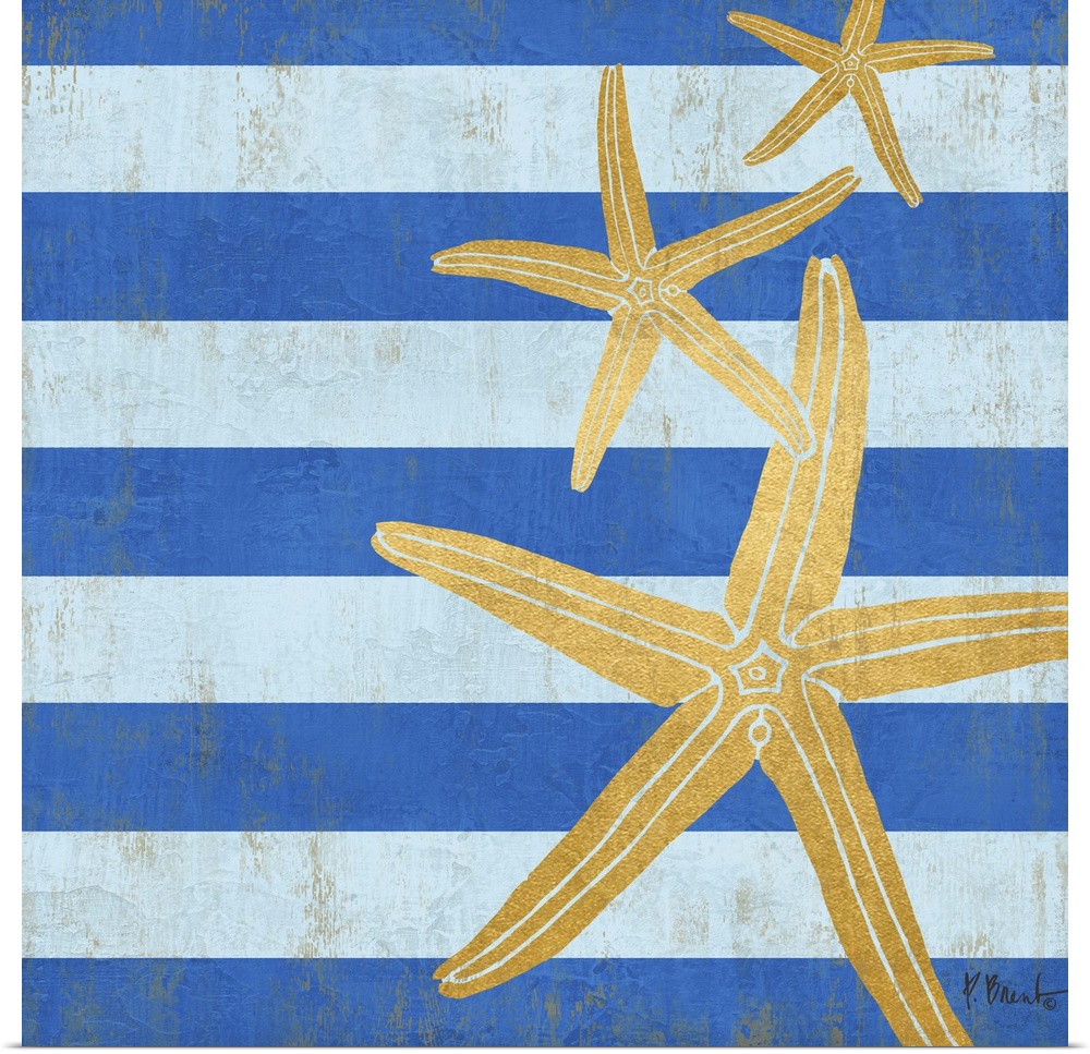 Square decor with metallic gold starfish on a blue striped background.