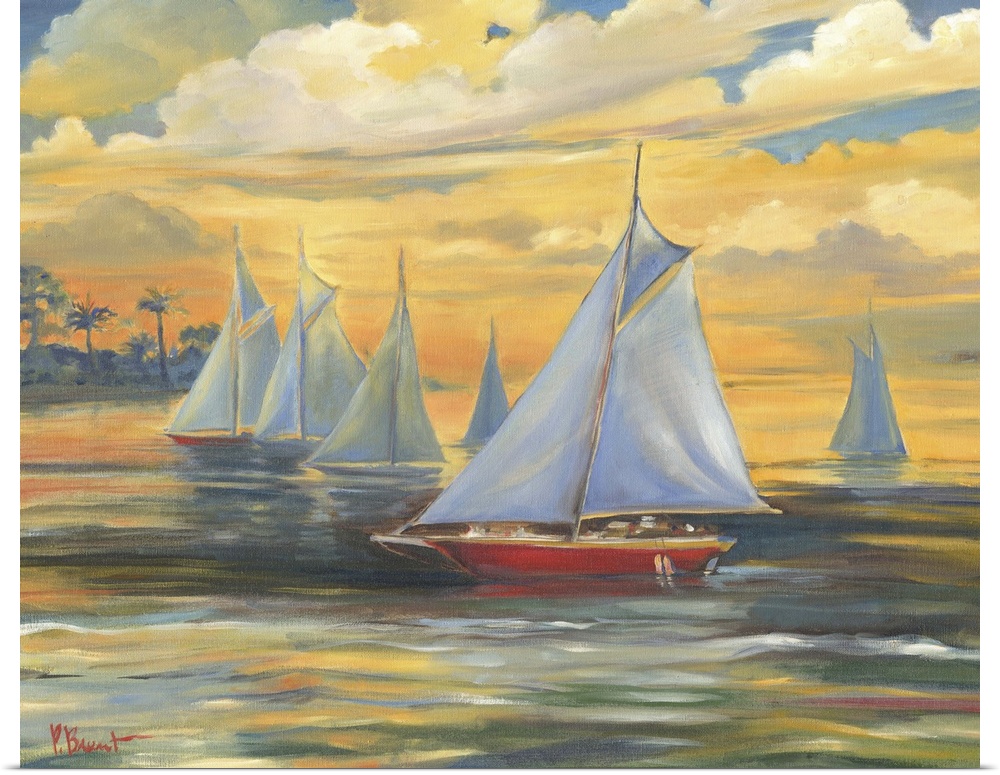 Painting of a fleet of sailboats on the ocean at sunset, with glowing clouds.
