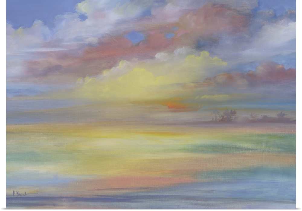 Watercolor painting of the ocean horizon at sunset, with the water and clouds reflecting the golden color of the sun.
