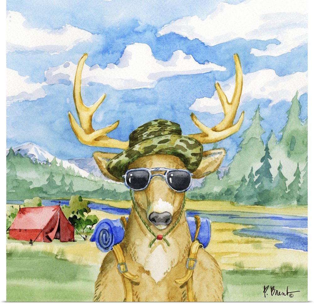Square watercolor painting of a deer with camping gear outside in the wilderness.