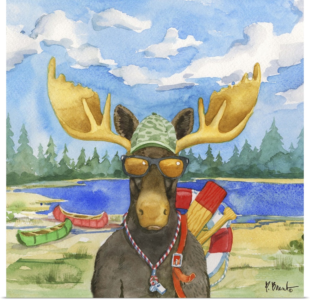 Square watercolor painting of a moose with paddling gear outside in the wilderness.