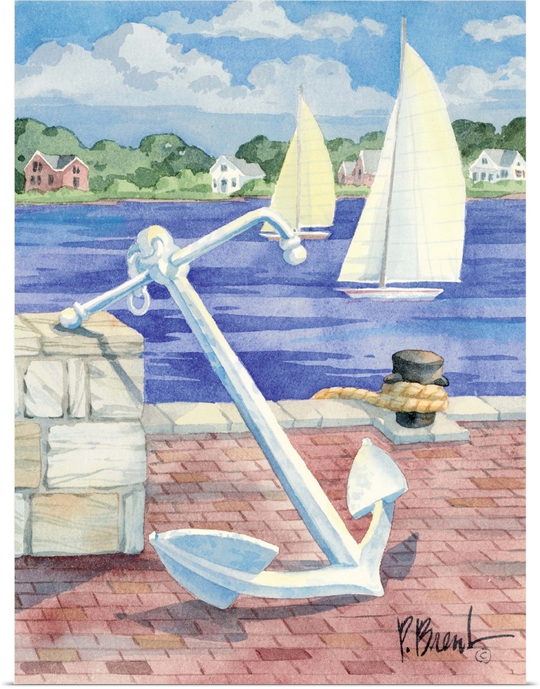 Watercolor painting of a large white anchor on a brick-paved pier, with two sailboats in the distance.