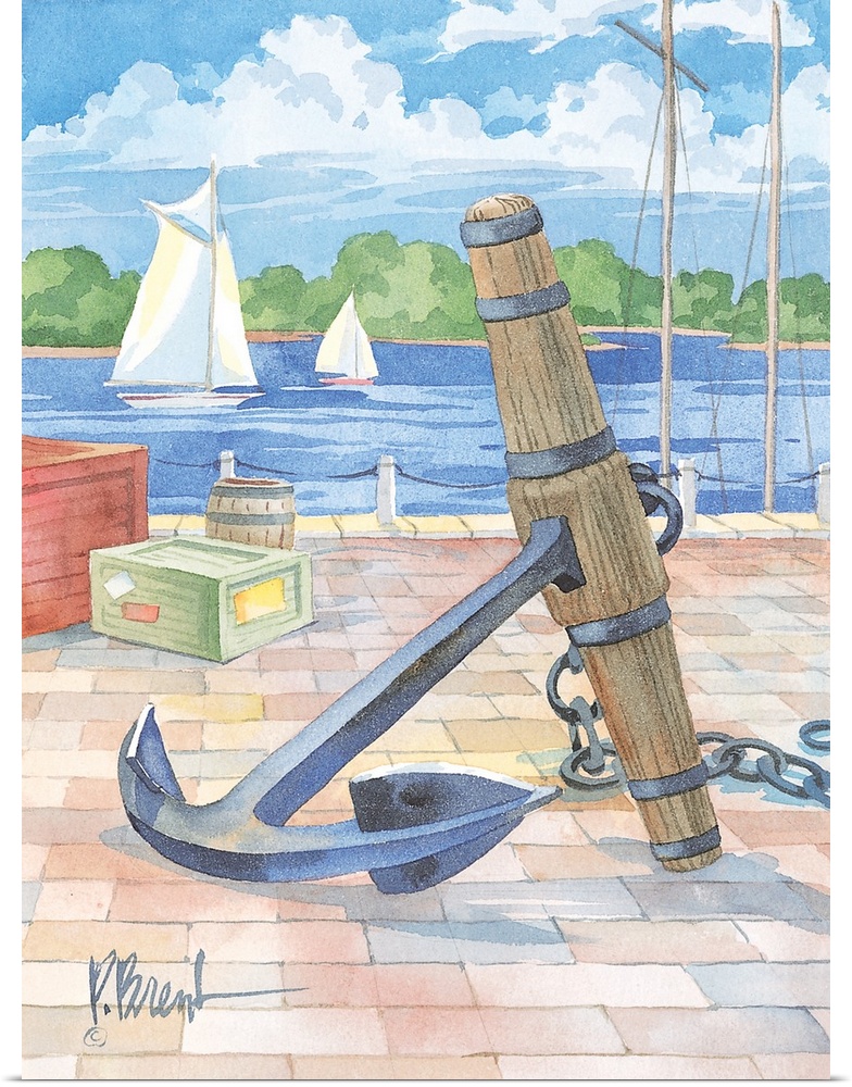 Watercolor painting of a large iron anchor on a brick-paved pier, with two sailboats in the distance.