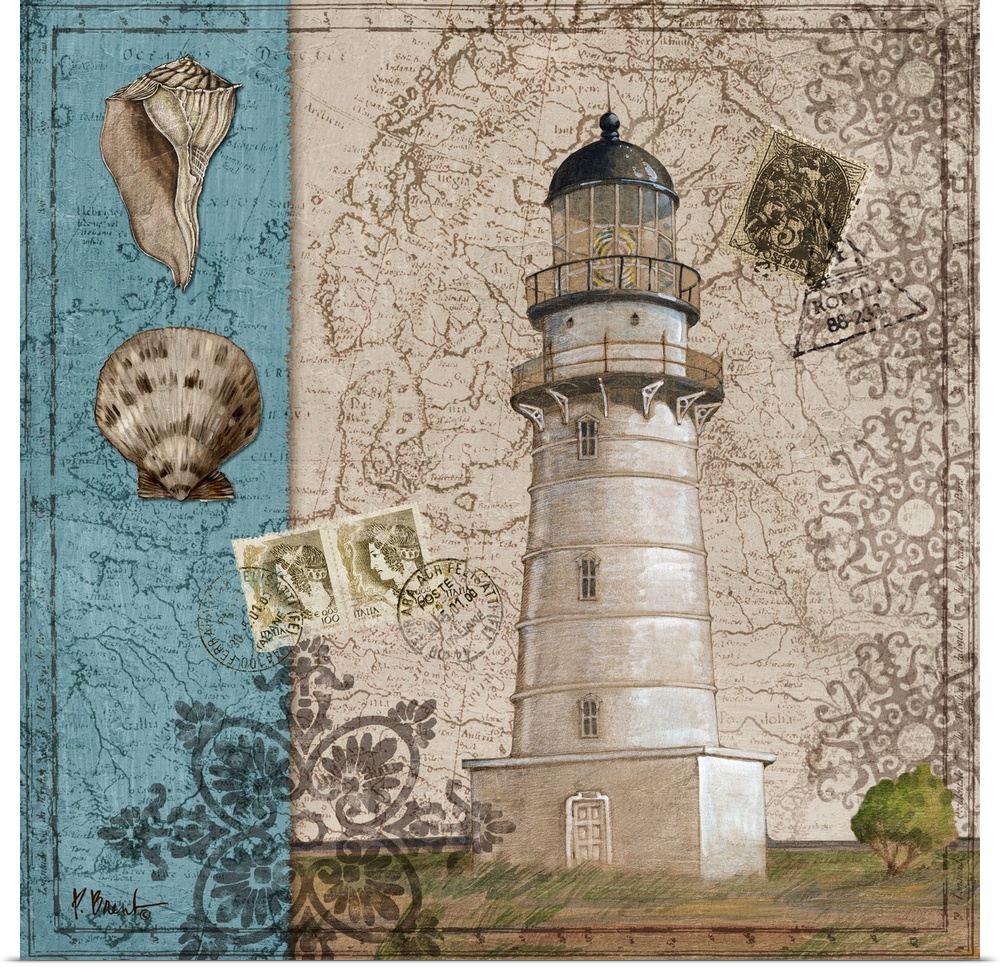Decorative collage of a lighthouse with pattern elements, postage stamps, and seashells.